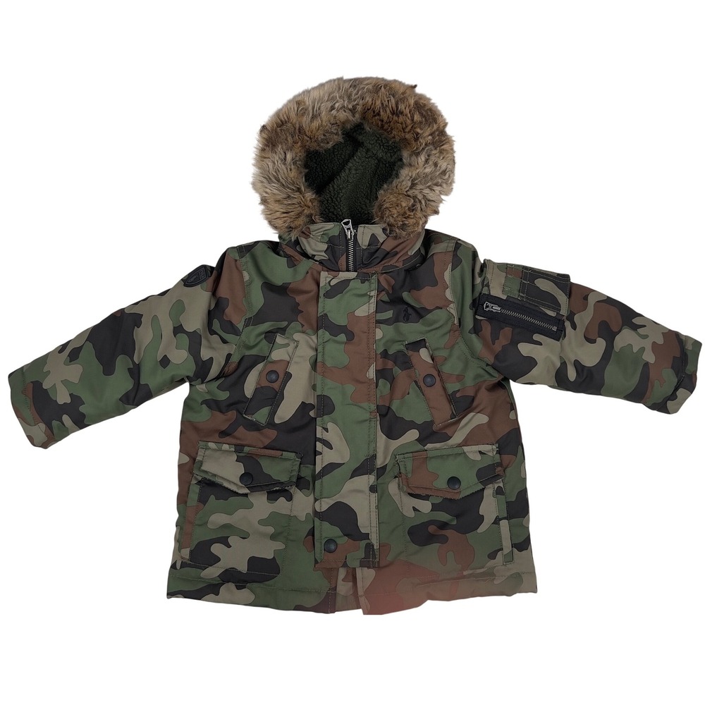 Polo Ralph Lauren Kids Parka Jacket Green Camo‎ Faux Fur Hood Orange Lining 2/2T
